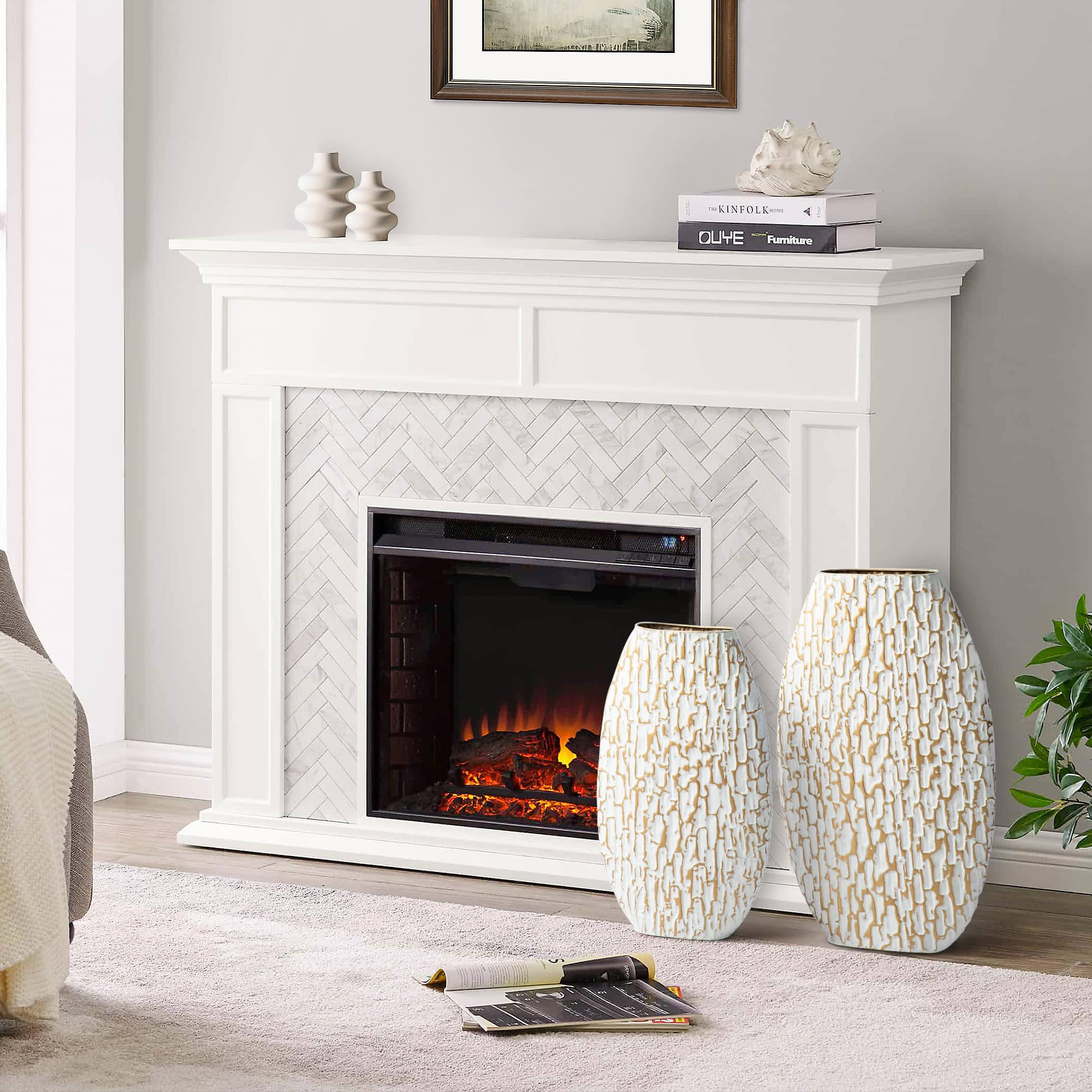 Glitzhome® Gold & White Oval Textured Metal Floor Vases Set
